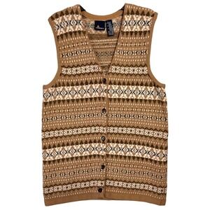 Vintage 90s Lizsport Fair Isle Longline Sweater Vest Size L Brown Knit Tunic Top
